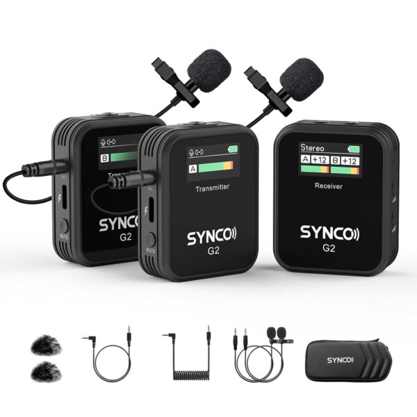 SYNCO Micrófono Lavalier inalámbrico, G2(A2) 2.4G Transmisor dual 48KHz 24Bit Micrófono de solapa 656FT 8H para Clase en