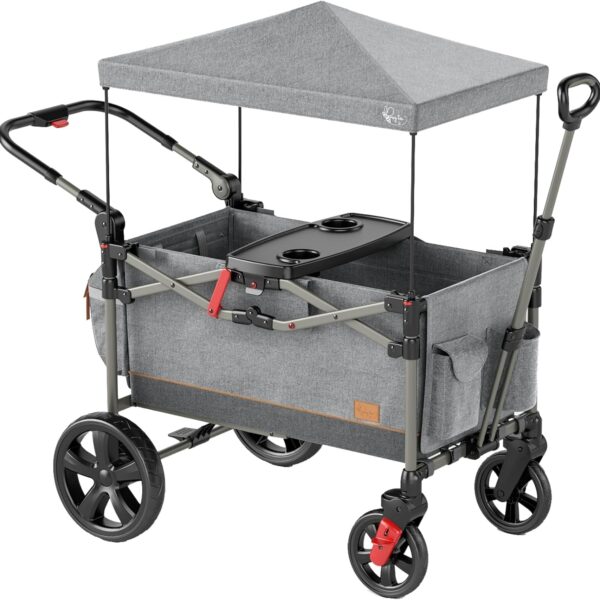 Busy Bee Cochecito plegable para 2 niños, carrito plegable para niños con barra de mango ajustable, toldo extraíble, arn