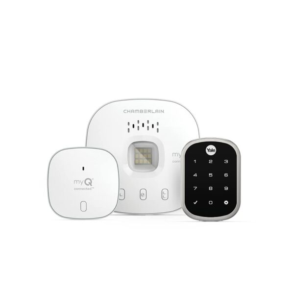 Paquete Cerradura Inteligente Yale Liftmaster Táctil Níquel Satinado y Concentrador de Puerta de Garaje myQ Chamberlain