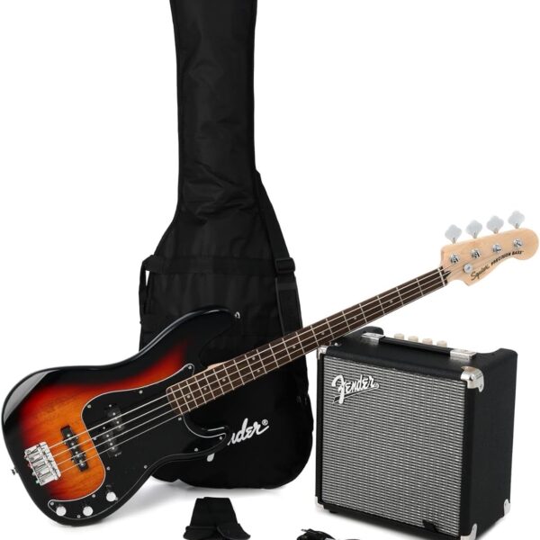 Squier Affinity Series Precision Bass Pack, 3 colores Sunburst, diapasón de laurel, con bolsa de concierto y Rumble de 1