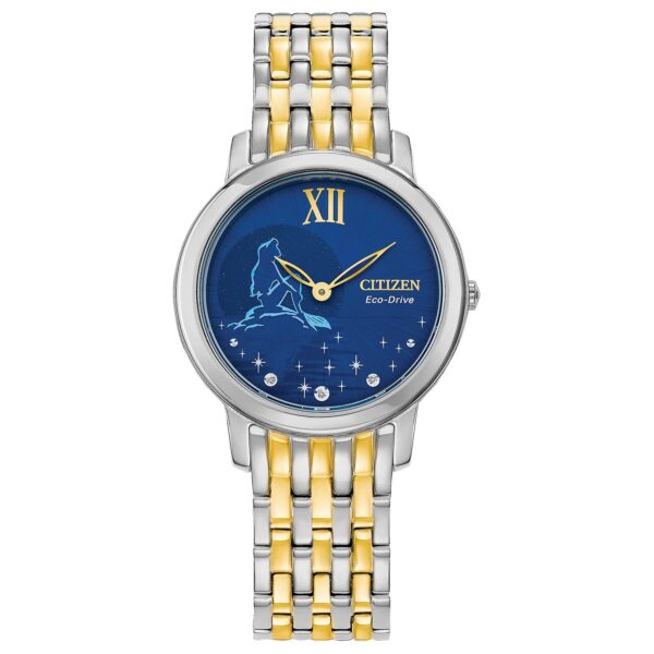 Reloj Citizen Eco-Drive Disney Princess Ariel EX1499-50W esfera azul caja acero inoxidable dos tonos diamantes cristal d