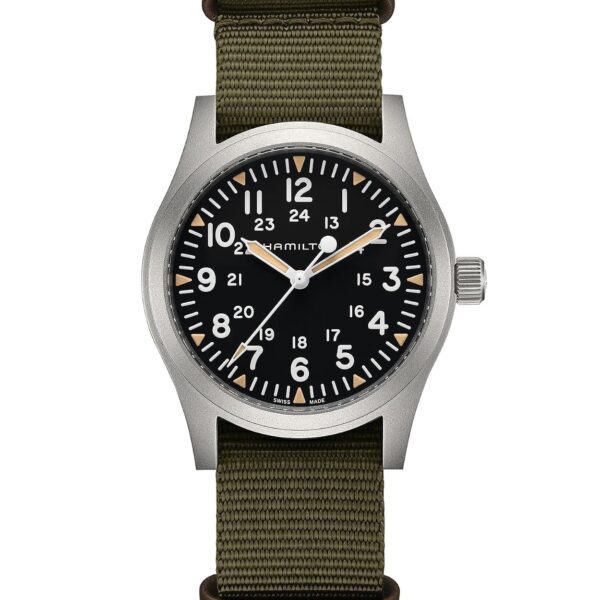 Reloj Hamilton Khaki Field Mechanical H69529933 caja de acero inoxidable de 42 milímetros esfera negra correa de nailon