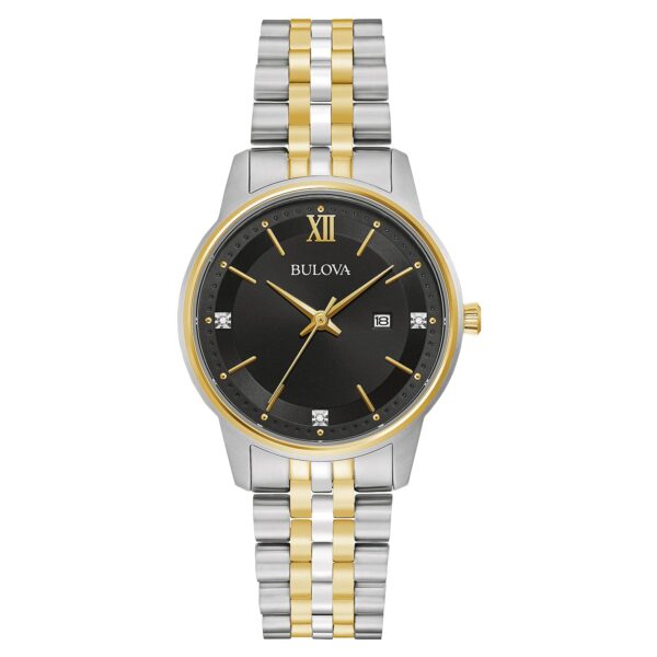 Reloj Bulova Clásico 98P198 Acero Inoxidable Bicolor Esfera Negra 32 milímetros con Diamantes para Mujer