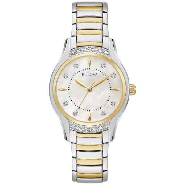 Reloj Bulova Clásico Mujer 98R288 Acero Inoxidable Bicolor 16 Diamantes Esfera Madreperla Cristal Mineral Curvo 31 Milím