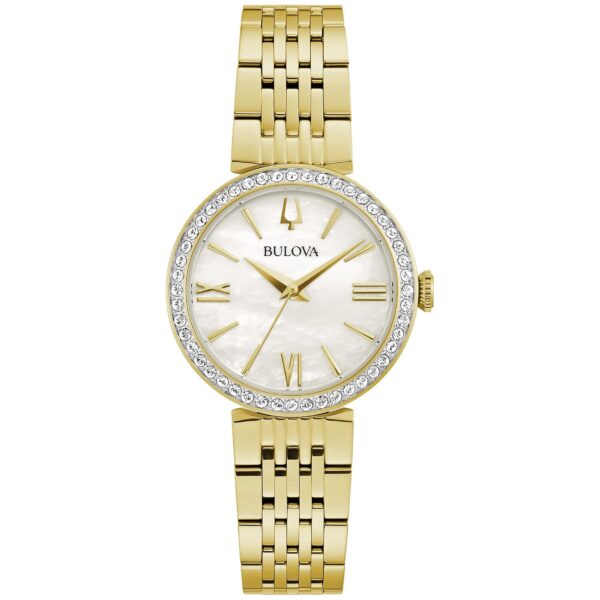 Reloj Bulova 98L276 Cristales Acero Inoxidable Tono Dorado Esfera Nácar Blanca Mujer