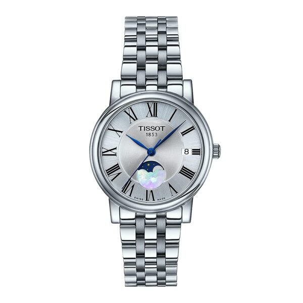 Reloj Tissot Carson Premium Lady Moonphase Cuarzo Suizo Mujer Acero Inoxidable Gris 32 milímetros