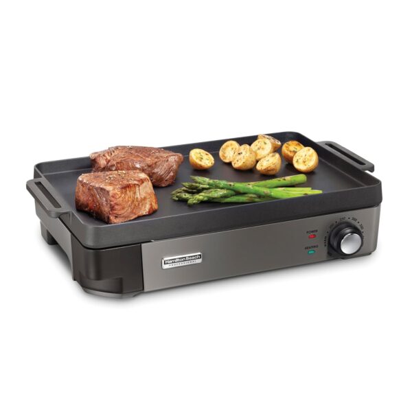 Hamilton Beach Professional Parrilla eléctrica de hierro fundido para interiores, superficie de cocción presazonada de 1