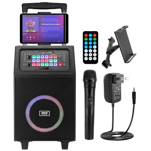 Pyle PHP18DJT - Sistema de altavoces PA de karaoke portátil - Altavoz BT recargable de 600 W, 8 pulgadas, TWS, luces de