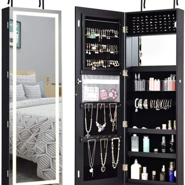 Armario de Joyería Byroce GT-JA-RT13100UI con Espejo de Cuerpo Completo Luces LED de 3 Colores y Cerradura Color Negro