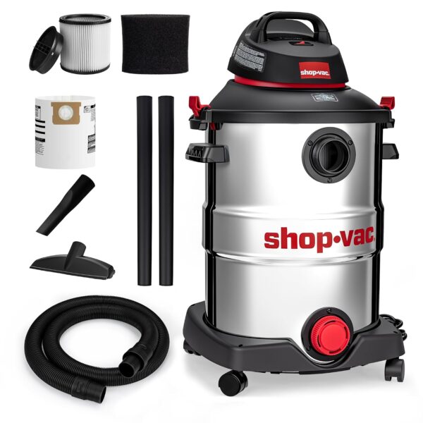 Shop-Vac 5989505 Aspiradora húmeda/seca de 12 galones, 5.5 CV pico, motor SVX2, tanque de acero inoxidable, manguera de