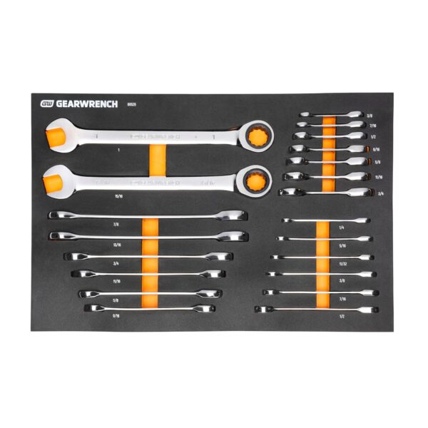 GEARWRENCH Juego de 21 llaves de trinquete estándar y rechoncha 72T SAE con bandeja de espuma EVA - 86526