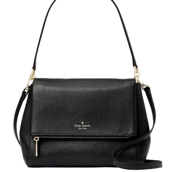 Bolso de Hombro Kate Spade New York Leila K6029001 Piel Pebbled Negro con Solapa Mediana