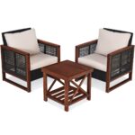 Juego de Muebles de Patio HAPPYGRILL CA-HG1238 3 Piezas Madera de Acacia Cojines Beige