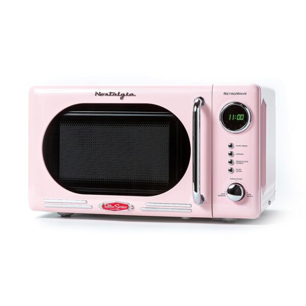 Nostalgia Horno microondas para encimera con interior fácil de limpiar, microondas retro con pantalla LED y bloqueo para
