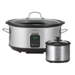 Kenmore - Olla de cocción lenta programable de 7 cuartos de galón (6.6L) con calentador de salsa, negro y plateado, acer