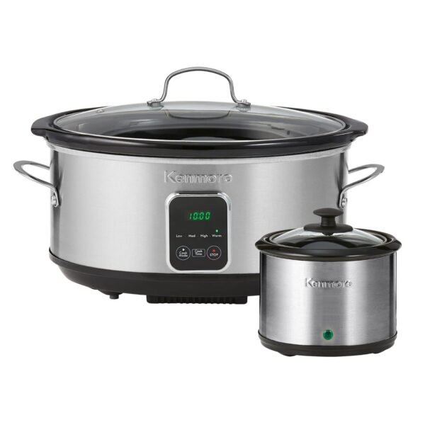 Kenmore - Olla de cocción lenta programable de 7 cuartos de galón (6.6L) con calentador de salsa, negro y plateado, acer