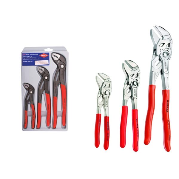 KNIPEX Juego de Alicates Cobra 3 Piezas 7 10 12 Pulgadas y Juego de Llaves de Alicates 3 Piezas 6 7 10 Pulgadas Modelo 0