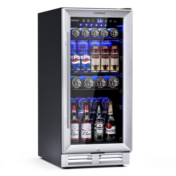 COSTWAY Refrigerador de bebidas de 15 pulgadas, mini refrigerador de 3.5 pies cúbicos con puerta de vidrio, cerradura y