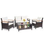 Juego de Conversación de Ratán Tangkula 4 Piezas Color Blanco con Mesa de Centro de 2 Capas y Reposabrazos de Madera de
