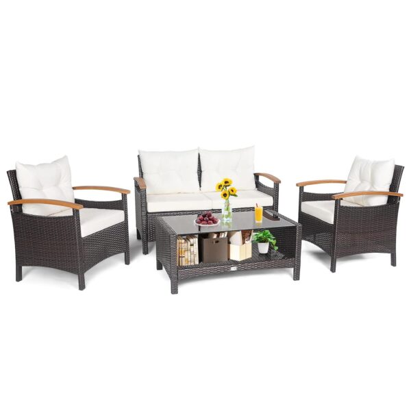 Juego de Conversación de Ratán Tangkula 4 Piezas Color Blanco con Mesa de Centro de 2 Capas y Reposabrazos de Madera de
