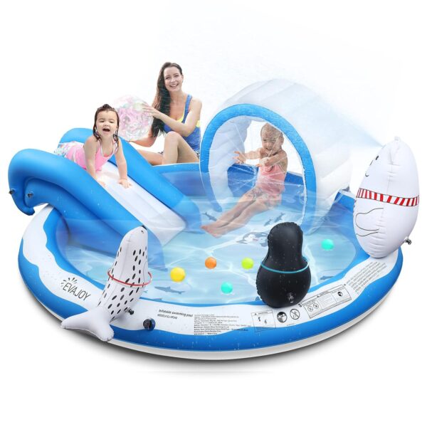 Centro de Juego Inflable Evajoy EJ-HF040 Piscina Infantil con Tobogán Rociador y Muñecas Inflables 280 Litros Blanco