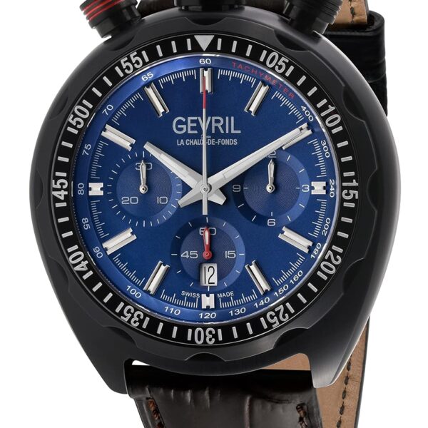 Reloj Gevril Canal Street Cronógrafo Automático Hombre Correa de Cuero Negro Esfera Azul 48 milímetros