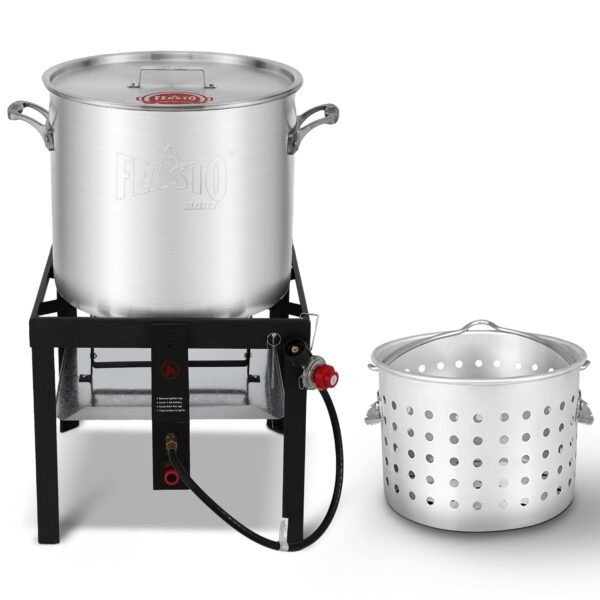 Olla para Hervir Mariscos Feasto 11201 80 Cuartos con Cesta Quemador 100000 BTU y Regulador 10 PSI