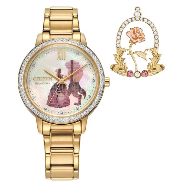 Reloj Citizen Eco-Drive Disney Princess Belle FE7048-51D con Pin Acero Inoxidable Tono Dorado Esfera de Nácar