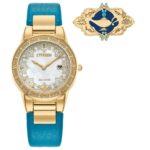 Reloj Citizen Eco-Drive Disney Aladdin Jasmine GA1072-07D Correa de Cuero Verde Azulado Esfera de Nácar Caja de 30 Milím