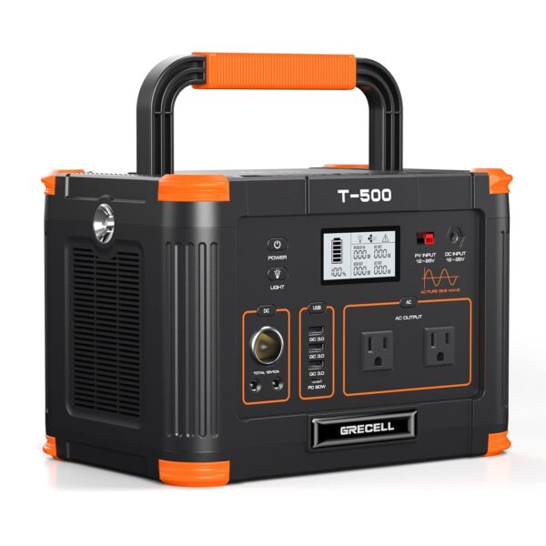 Estación de Energía Portátil GRECELL T-500 519Wh 500W Pico 1000W 10 Puertos 2 Salidas CA 110V