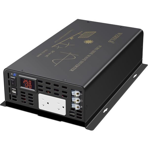 Inversor de Corriente WZRELB U5-300024 Onda Sinusoidal Pura 3000 W 24 VCC a 120 VCA Pico 6000 W Pantalla LED 2 Salidas C