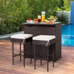Juego de Bar para Exteriores RELAX4LIFE RXE-68745-OP 3 Piezas Ratán de Polietileno con Mesa de Vidrio Templado y 2 Tabur