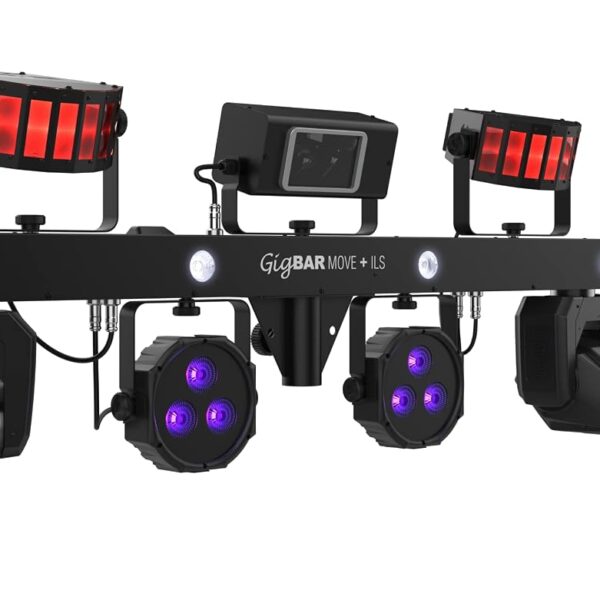 Sistema de iluminación 5 en 1 que incluye cabezales móviles, derbys, estelas, un láser y efecto estroboscópico premontad