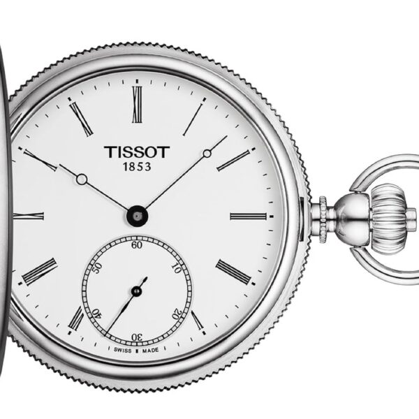 Reloj de Bolsillo Tissot Savonnette Mecánico T8674051901300 Acero Inoxidable 48.5mm Esfera Blanca Números Romanos