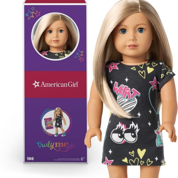 Muñeca American Girl Truly Me 18 pulgadas HJP53 ojos azules cabello rubio piel clara vestido playera negro con unicornio