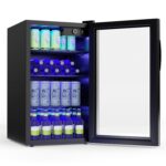 ORALNER Refrigerador de bebidas, centro de bebidas para 120 latas con puerta de vidrio y estante ajustable, luz LED azul