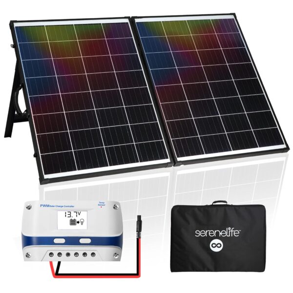 Kit de Panel Solar Portátil SereneLife SLSOLBK002 100 Vatios Monocristalino Plegable con Controlador PWM 20A