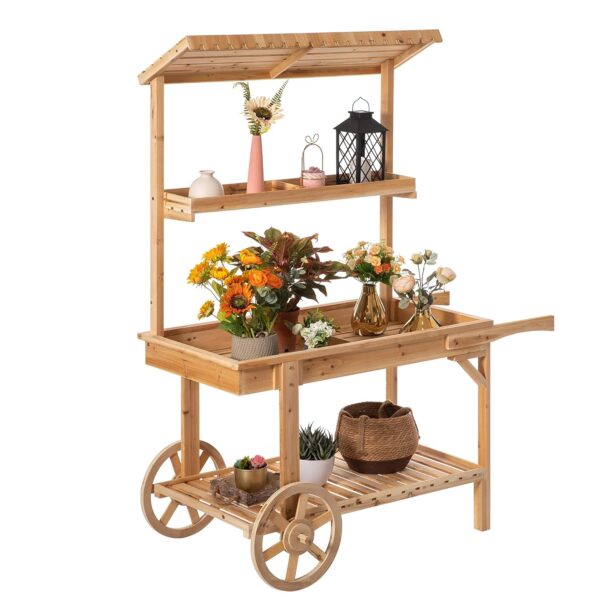 Vintiquewise Estante de exhibición de madera maciza antigua, soporte de madera para plantas con ruedas para exhibición d