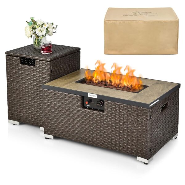 Mesa de Fogata Tangkula 10261-PN 2 Piezas Propano 40000 BTU Ratán PE Marrón con Soporte para Tanque