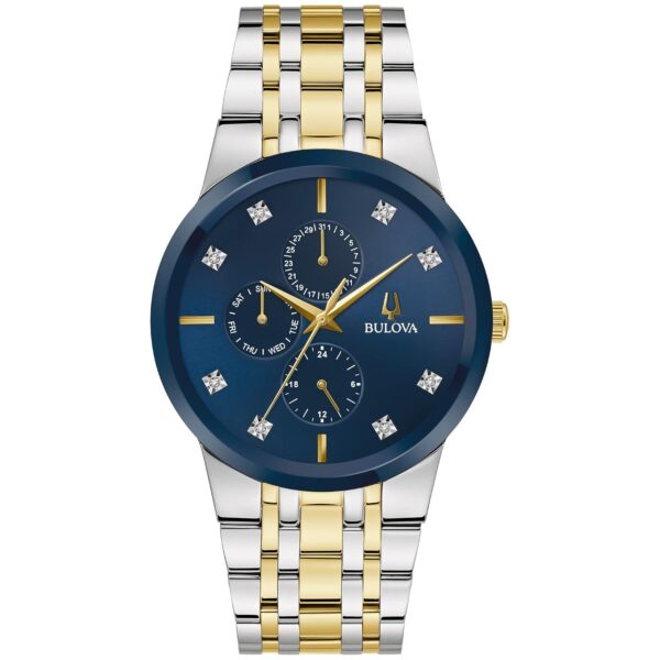 Reloj Bulova 98D180 Multifunción Acero Inoxidable Dos Tonos Esfera Azul Sunburst Diamante 40 Milímetros