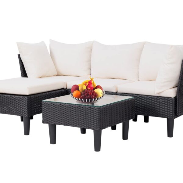 Juego de Muebles de Patio FDW 5 Piezas Sofá Seccional en Forma de L Mimbre Color Caqui con Mesa de Centro de Vidrio Temp
