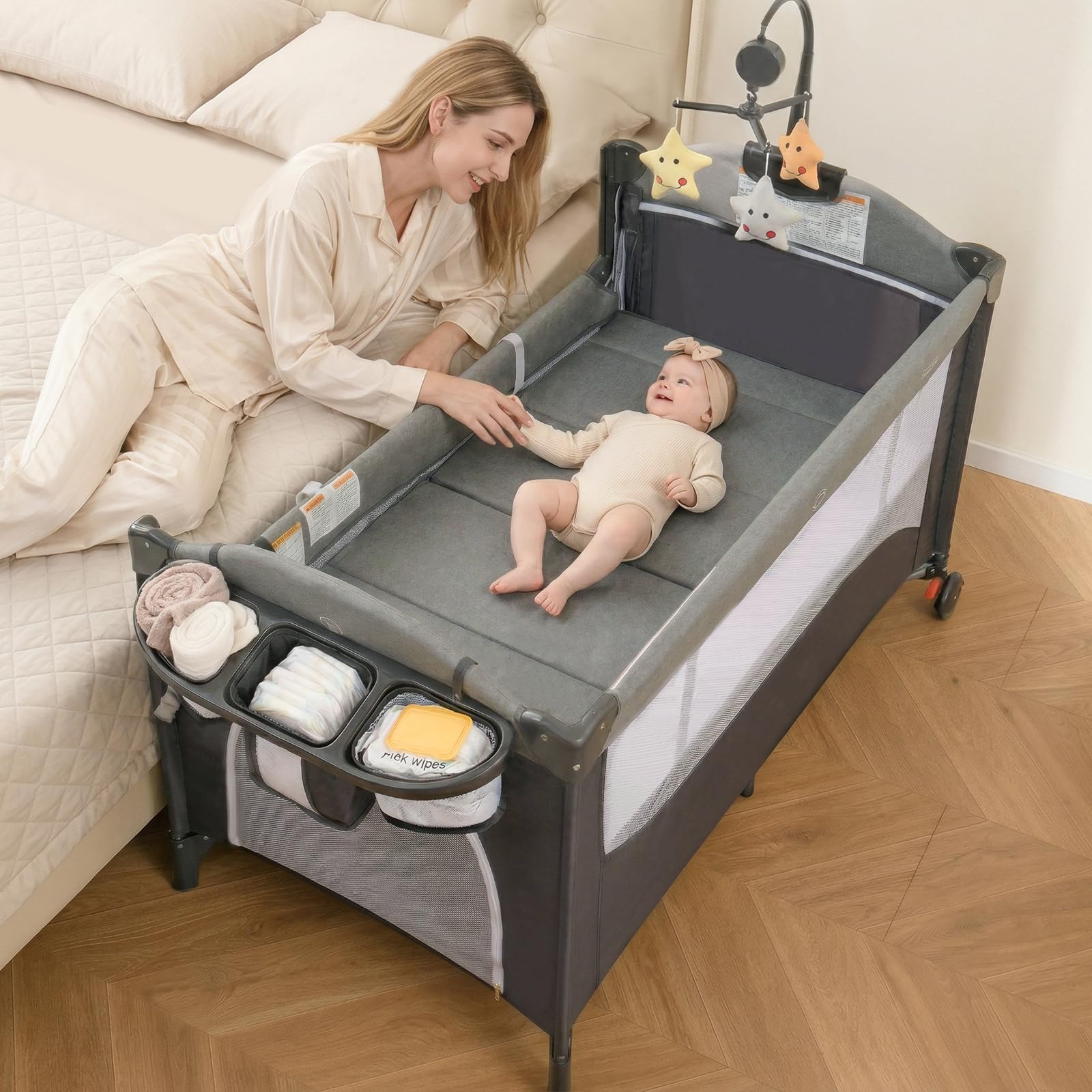 INFANS Pack and Play, 5 en 1 Cuna Junto a la Cama del Bebé con Moisés, Cambiador de Pañales, Colchón, Bolsa de Transport
