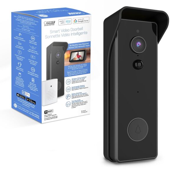Feit Electric Cámara de timbre, timbre de video inalámbrico, WiFi de 2.4 GHz, sin hub, audio bidireccional, detección de