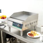 Restaurantware Hi Tek - Plancha eléctrica duradera para encimera, 120 V, 1750 W, de acero inoxidable, con bandeja de gra