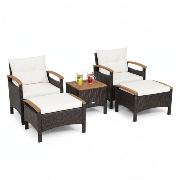 Juego de Muebles de Patio Tangkula 70449-WH 5 Piezas Ratán PE Madera de Acacia Blanco Apagado