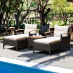 Juego de Muebles de Patio Tangkula 70449-WH 5 Piezas Ratán PE Madera de Acacia Blanco Apagado