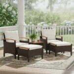 Juego de Muebles de Patio Tangkula 70449-WH 5 Piezas Ratán PE Madera de Acacia Blanco Apagado