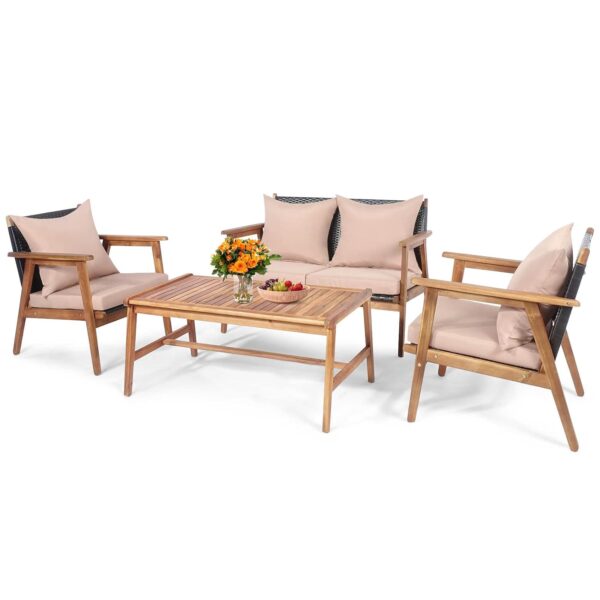 Juego de Muebles de Patio Tangkula 4 Piezas Madera de Acacia Mimbre PE con Cojines Modelo 68969-WH