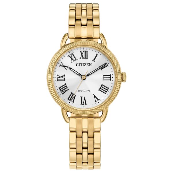 Reloj Citizen Eco-Drive EM1052-51A para mujer acero inoxidable tono dorado esfera plateada 3 manecillas resistente al ag