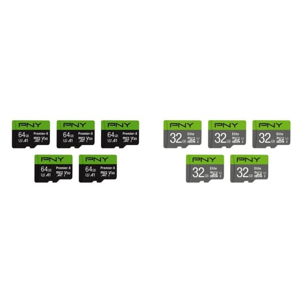 PNY Paquete de Tarjetas de Memoria MicroSD Premier-X 64GB y Elite 32GB 10 Piezas Clase 10 U3 V30 100MB por segundo